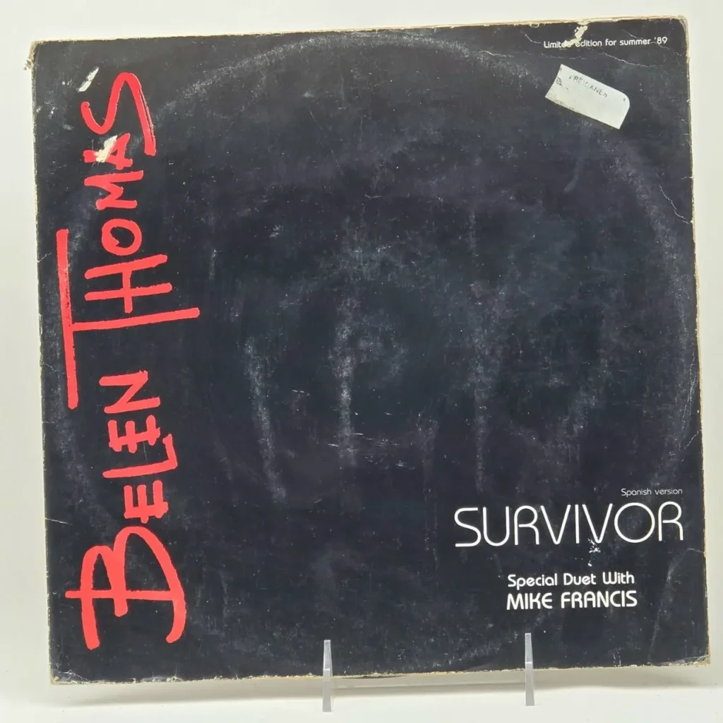 Portada de vinilo negra desgastada de Belen Thomas y Mike Francis - Survivor (versión en español), edición limitada de verano '89." by Remates Narvaja