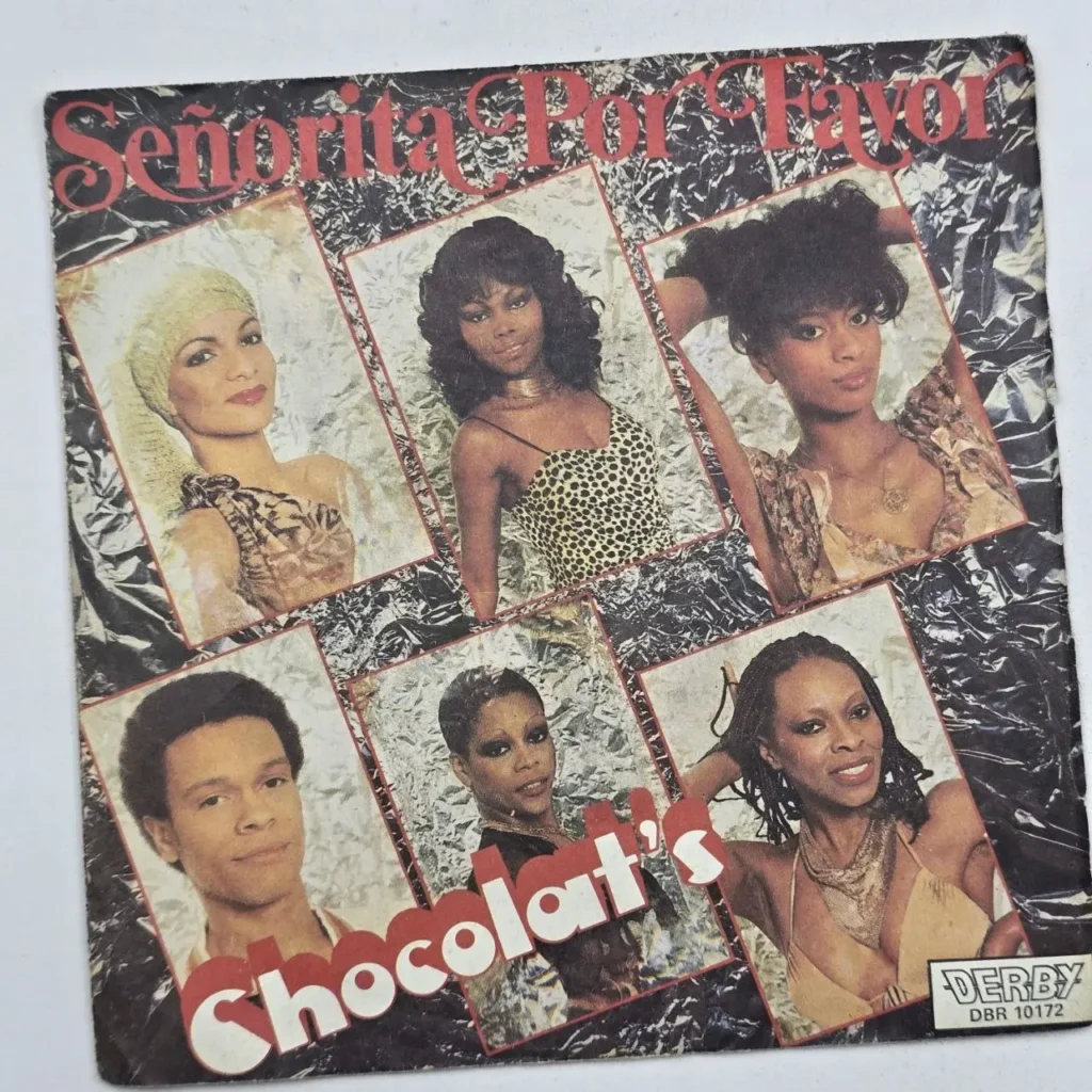 Portada de single disco vintage Chocolat's - Señorita Por Favor, con 5 mujeres y 1 hombre, sello Derby DBR 101 by Remates Narvaja