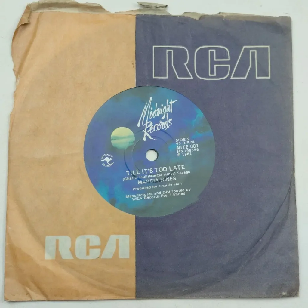 Single de vinilo de 45 RPM de Marcia Hines "Till It's Too Late" de 1981 en Midnight Records, con by Remates Narvaja
