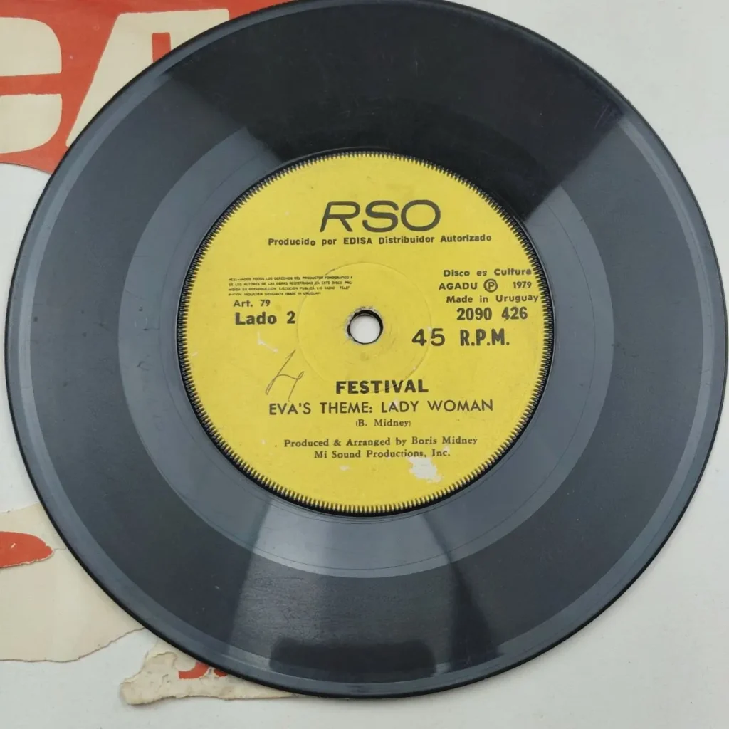 Single de vinilo 45 RPM RSO de Festival - Eva's Theme: Lady Woman, 1979, hecho en Uruguay. by Remates Narvaja