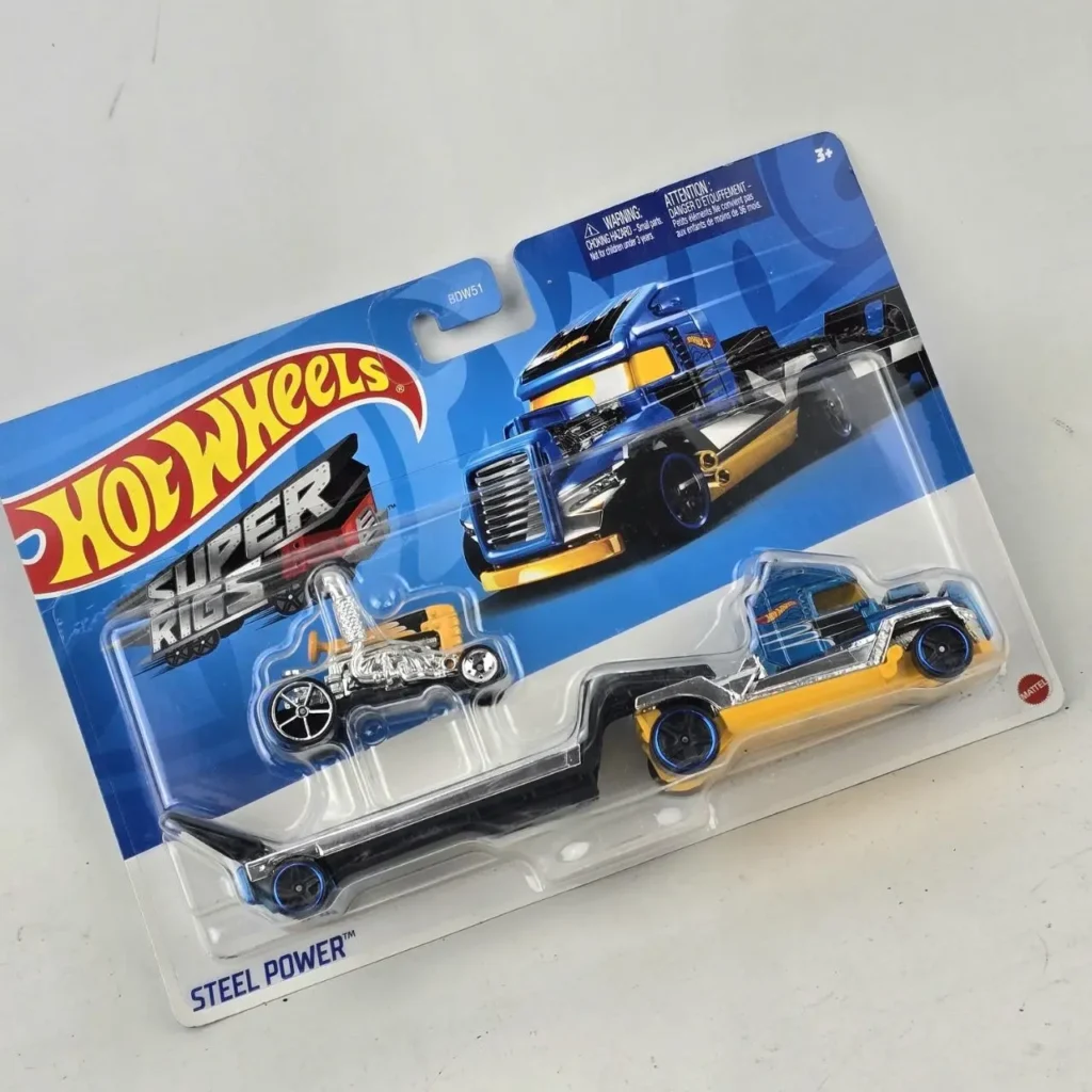 Hot Wheels Super Rigs "Steel Power" set nuevo con camión azul, remolque y coche de juguete. by Remates Narvaja