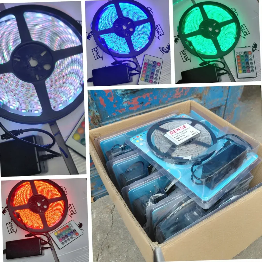 Tiras de luces LED RGB en carretes, encendidas en varios colores (azul, verde, rojo, multicolor), con controles remotos y adaptadores by Remates Narvaja