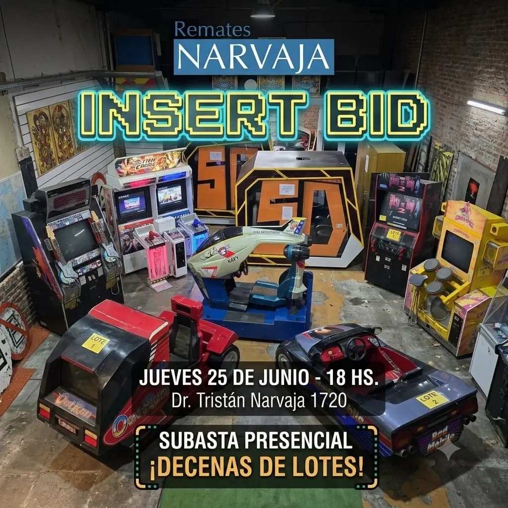 Remates Narvaja: Subasta presencial de máquinas arcade clásicas y juegos de simulación. by Remates Narvaja