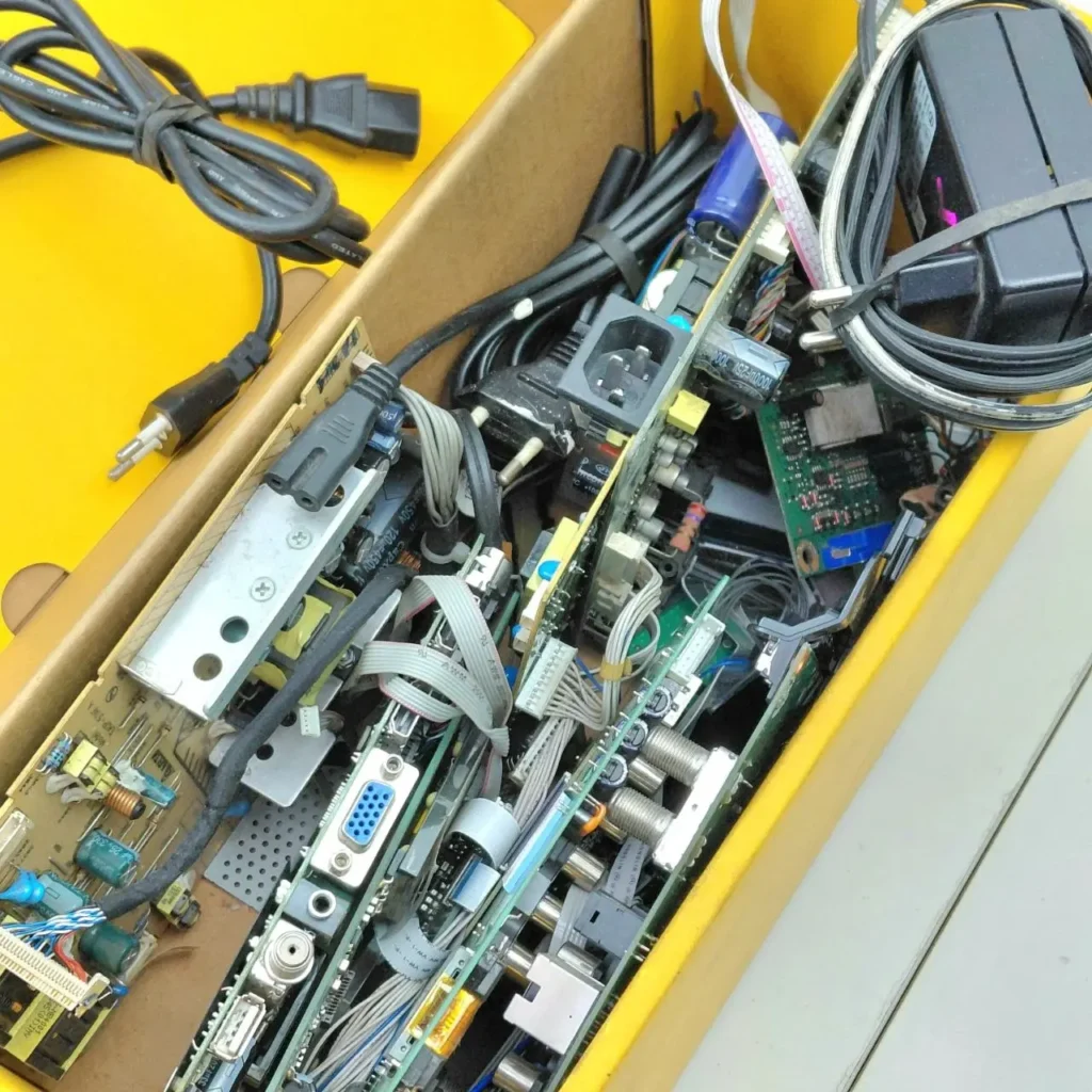 Caja de cartón llena de componentes electrónicos, placas de circuito, cables y adaptadores de corriente. by Remates Narvaja