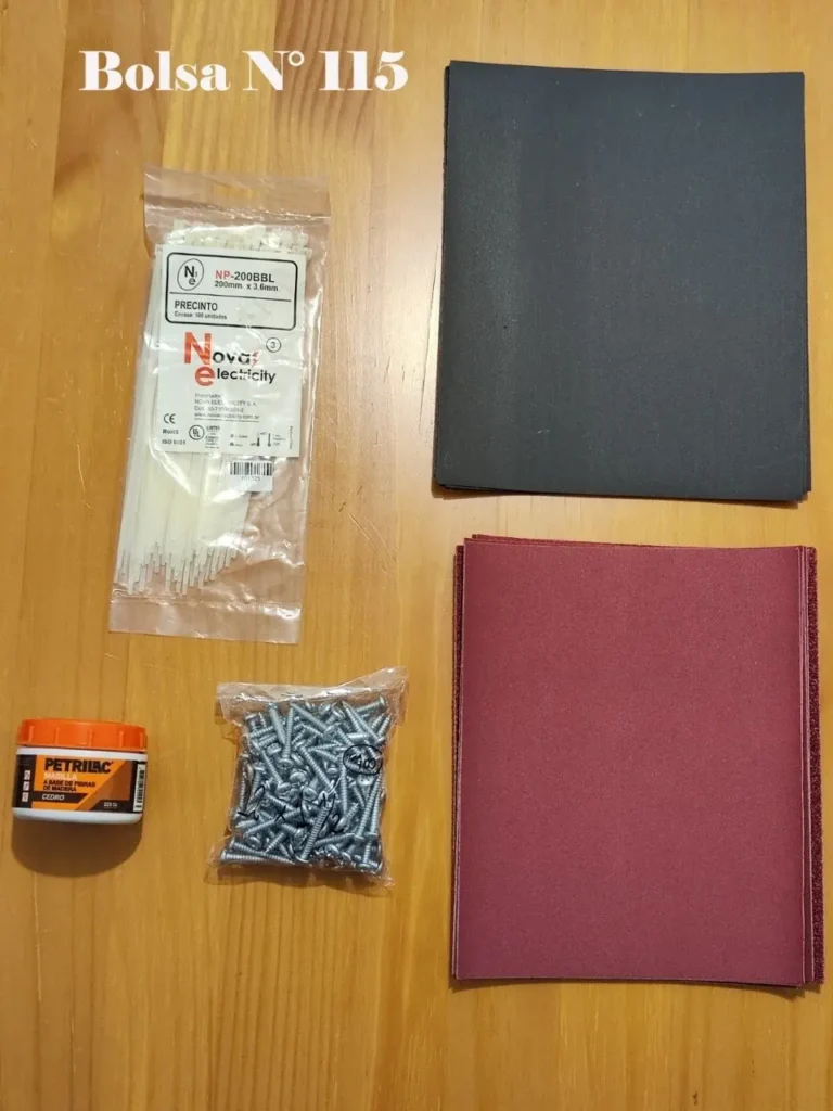 Bolsa N° 115 con bridas, lijas negras y granates, masilla para madera Petrilac y torn by Remates Narvaja