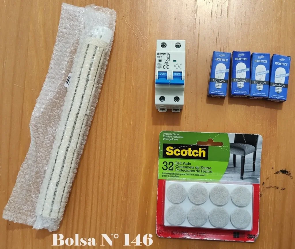 Resistencia eléctrica, disyuntor, bombillas y protectores de fieltro Scotch. by Remates Narvaja