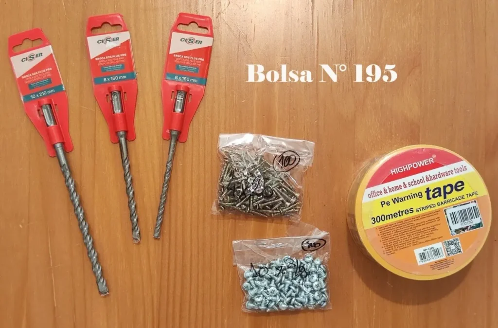 Bolsa N° 195 con brocas Ciser SDS Plus, tornillos y cinta de advertencia Highpower. by Remates Narvaja