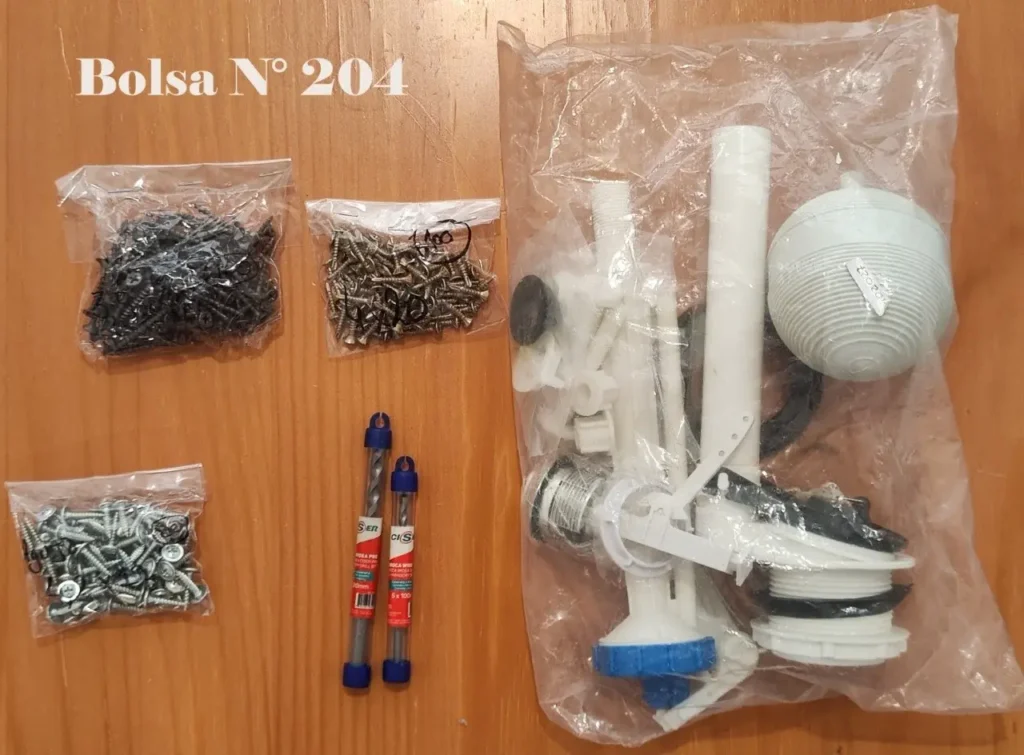 Bolsa N° 204 con tornillos negros, tornillos plateados, brocas y kit de reparación de inodoro (válv by Remates Narvaja