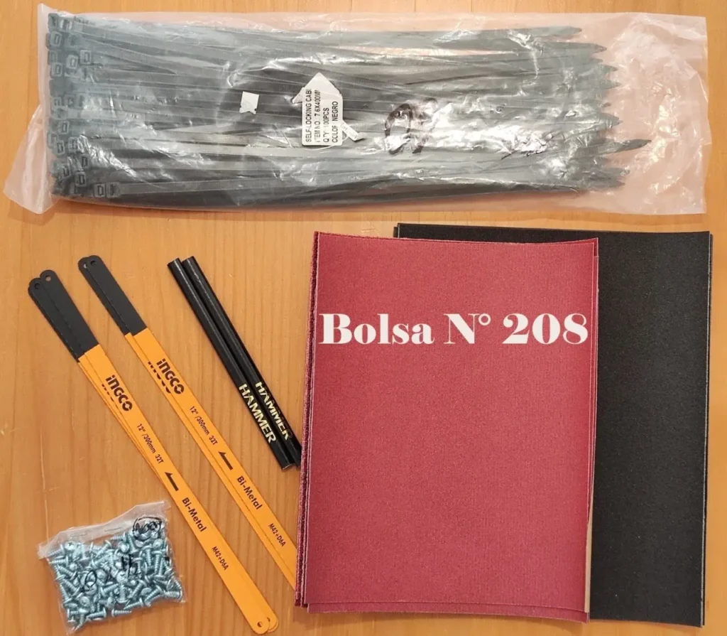Colección de herramientas y ferretería: bridas negras, hojas de sierra Ingco, lápices Hammer, lijas Bolsa N° 20 by Remates Narvaja