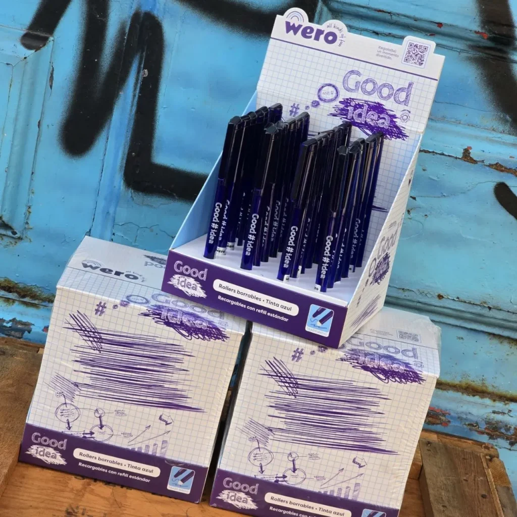 Rollers borrables Wero Good Idea de tinta azul recargables en expositor y cajas. by Remates Narvaja