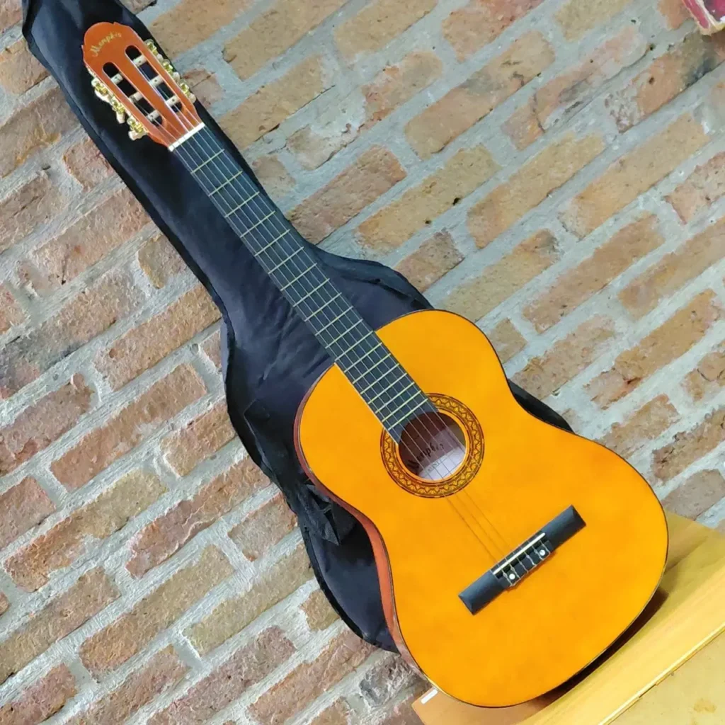 Guitarra clásica Memphis color miel en funda negra, apoyada en pared de ladrillos. by Remates Narvaja