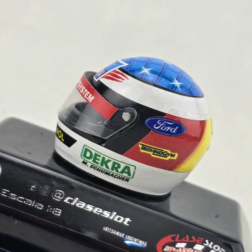 Casco miniatura de F1 de Michael Schumacher a escala 1:8 con diseño alemán, estrellas y logos Ford, Dekra. by Remates Narvaja