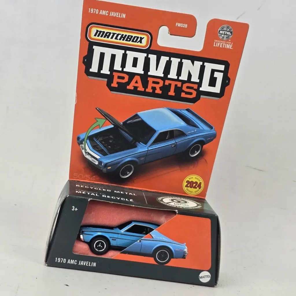Matchbox 1970 AMC Javelin azul, coche a escala die-cast de la serie Moving Parts, nuevo en su empaque by Remates Narvaja