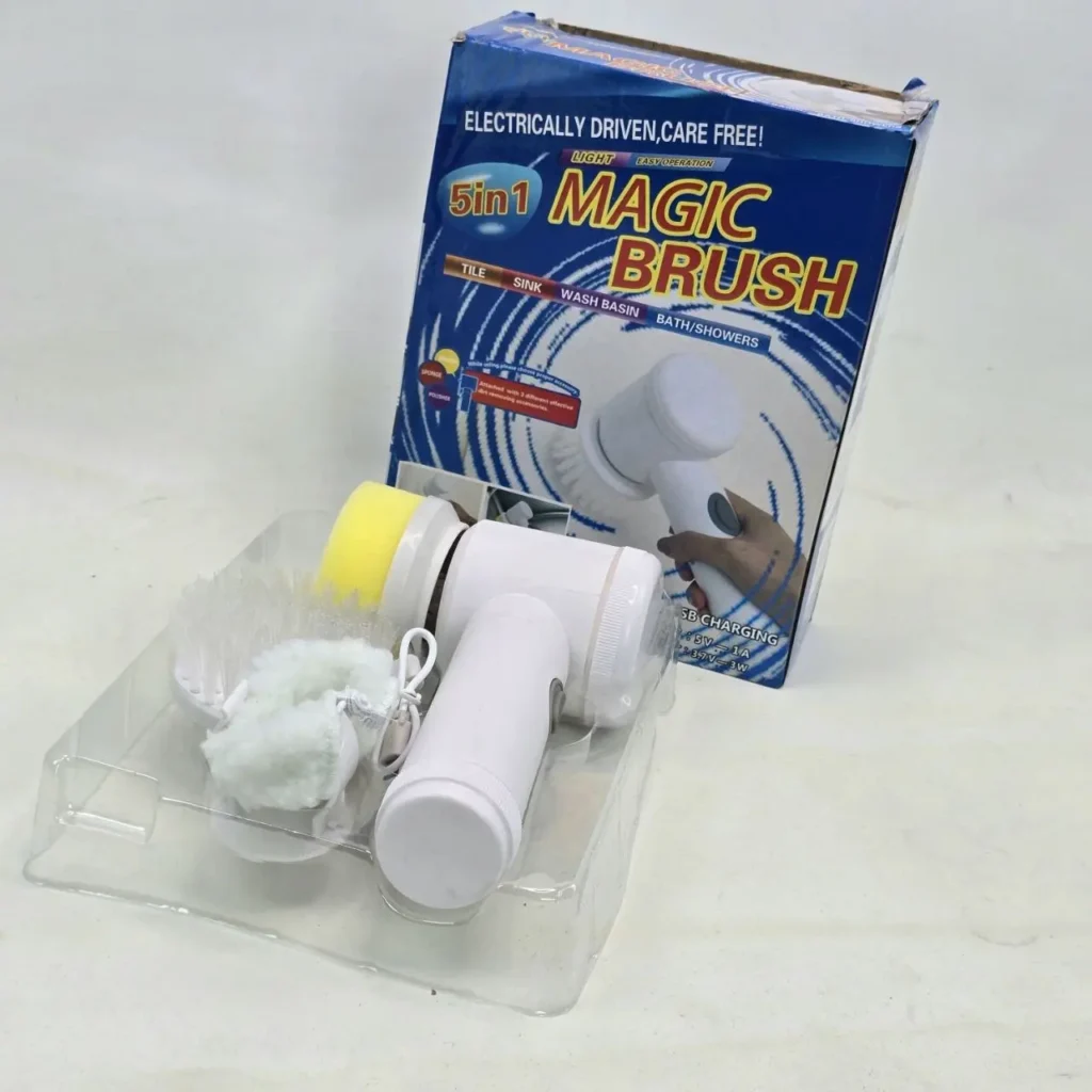 Cepillo de limpieza eléctrico Magic Brush 5 en 1 con cabezales intercambiables y su caja azul. by Remates Narvaja