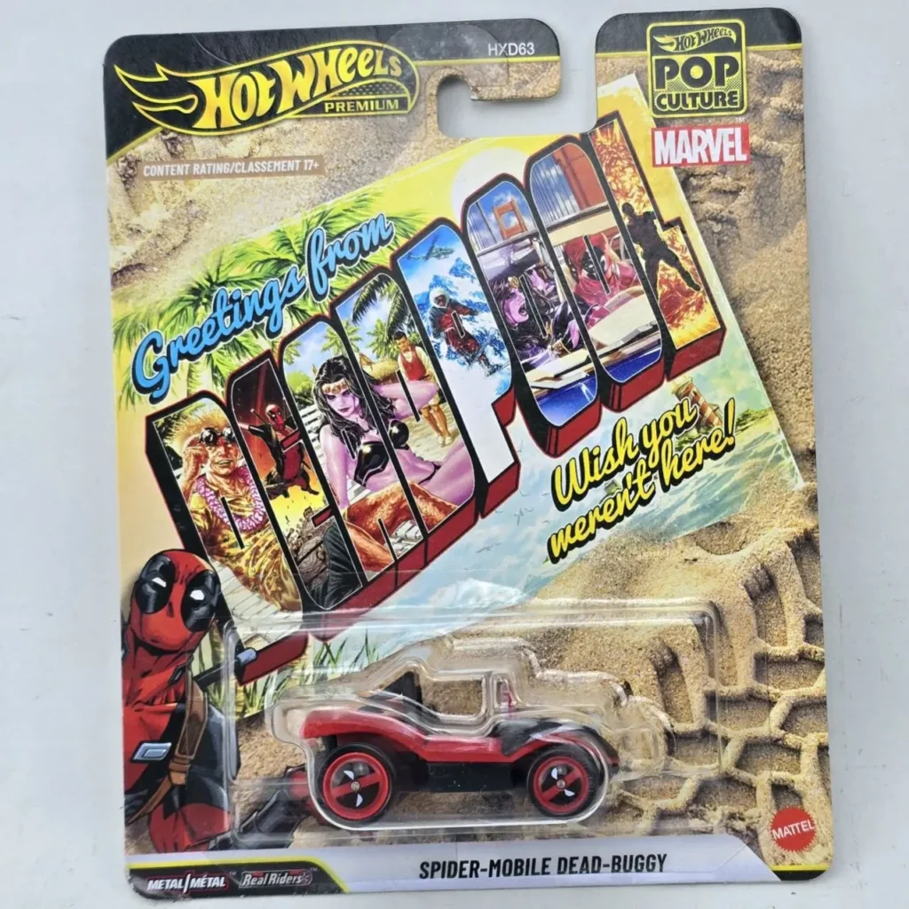 Hot Wheels Premium Pop Culture Marvel Spider-Mobile Dead-Buggy en su empaque con arte de Deadpool. by Remates Narvaja