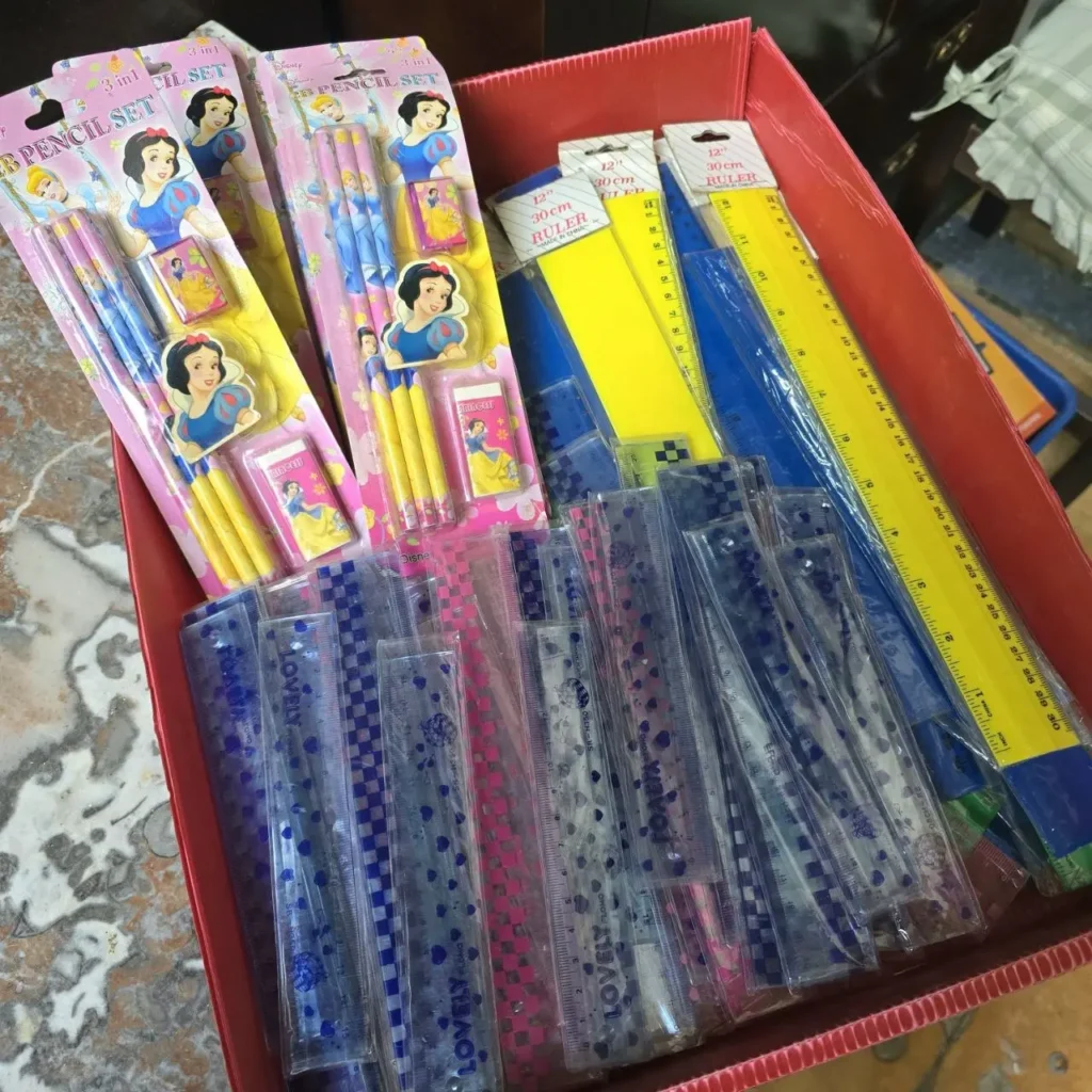 Caja de útiles escolares con sets de lápices de princesas Disney, reglas amarillas y azules, y reglas de plástico transparente. by Remates Narvaja