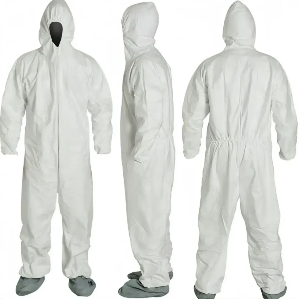 Traje protector blanco desechable con capucha y cubrezapatos, vistas frontal, lateral y trasera. by Remates Narvaja