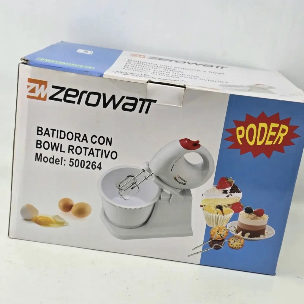 Caja de batidora Zerowatt con bowl rotativo, Modelo 500264, mostrando la batidora blanca, huevos by Remates Narvaja