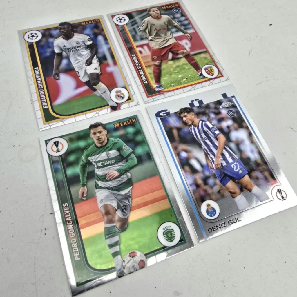 Cuatro tarjetas coleccionables de fútbol Merlin con jugadores como Camavinga y Gonçalves. by Remates Narvaja