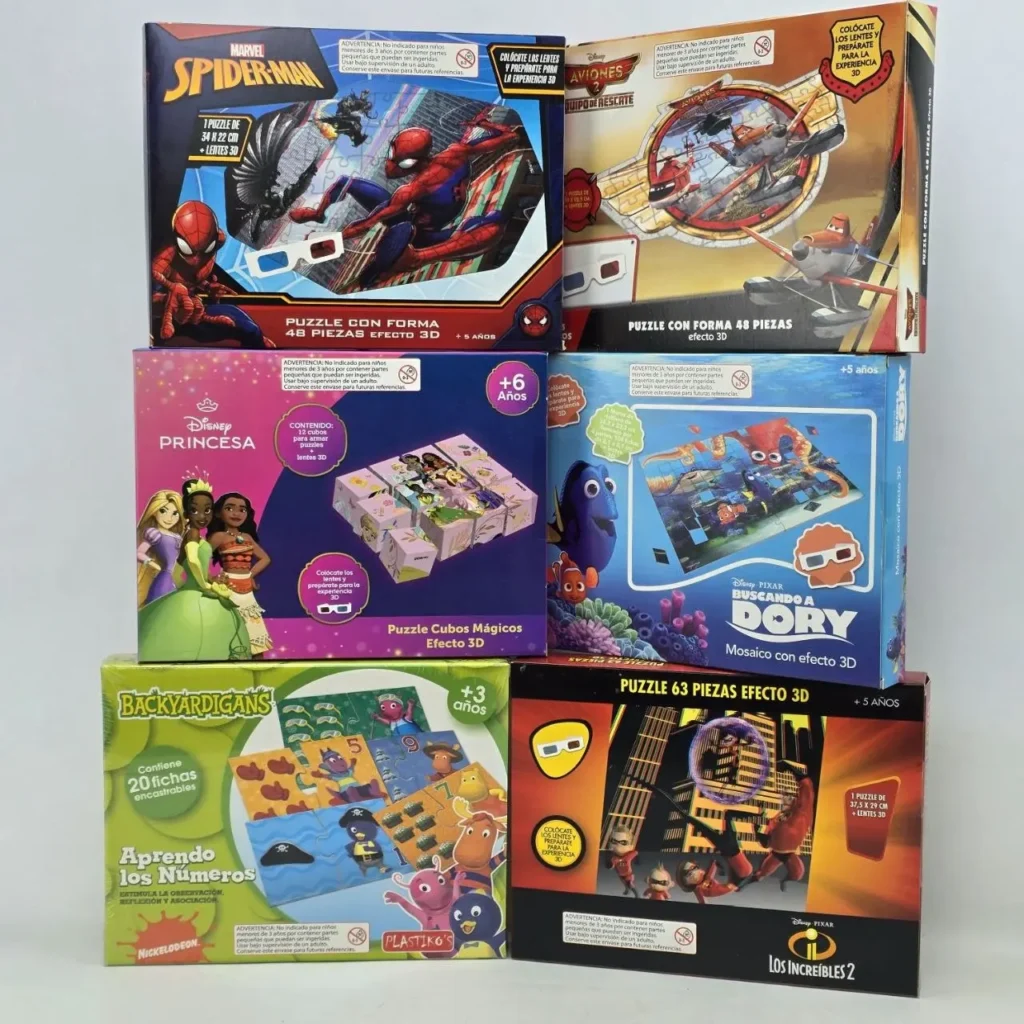 Cajas de puzzles y juegos infantiles con personajes como Spider-Man, Disney Princesas, Buscando a Dory, Los Increíbles by Remates Narvaja